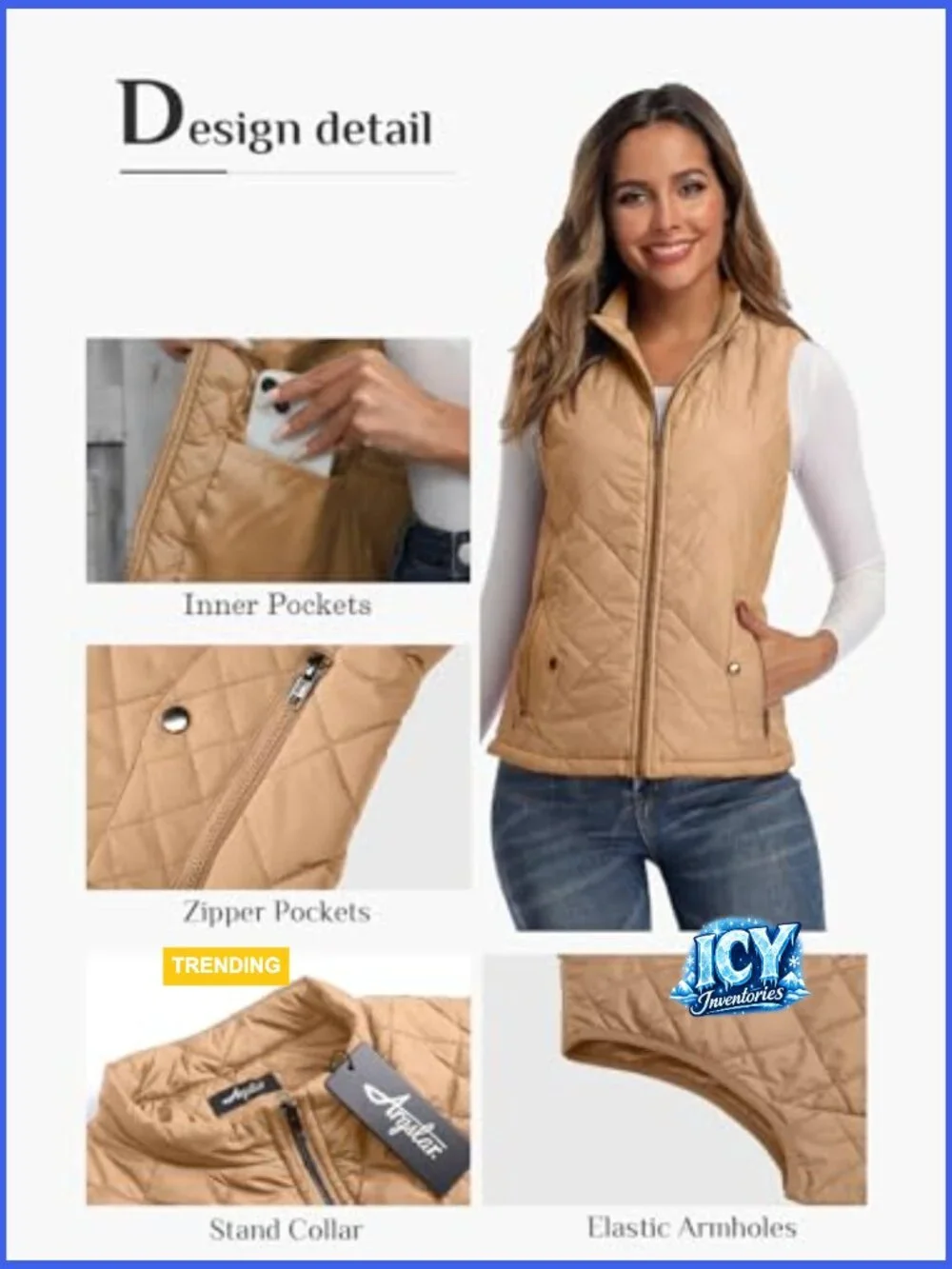 Lightweight Quilted Puffer Vest with 4 Pockets, Sleeveless Outerwear